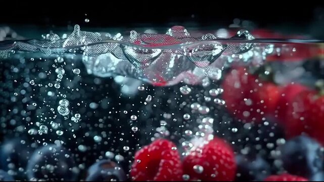 Fresh Berries Submerged in Water with Bubbles Rising to Surface strawberries raspberries blueberries