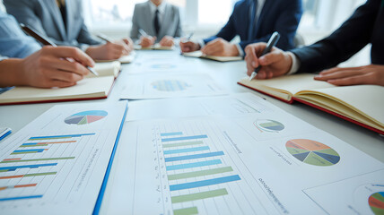 Business people taking notes during data analysis meeting