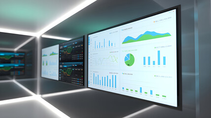 Data analytics dashboard showing business information in a futuristic office