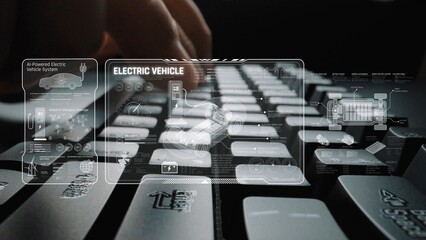 Technical layout of electric vehicle showing battery system, power control, traction motor, charging interface, and integration with renewable and smart energy sources Marrow
