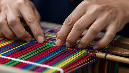 Obraz premium Hands Weaving Colorful Threads on Loom