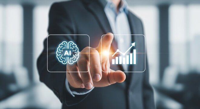 Businessman Pointing at Virtual Hologram of AI Brain and Financial Growth Graph, Concept of Artificial Intelligence in Business, Digital Transformation, Innovation and Future Technology - Powered by Adobe