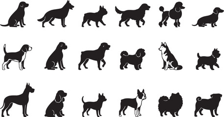 Obraz premium Vector set of black dog breed silhouettes and icons for pet design.