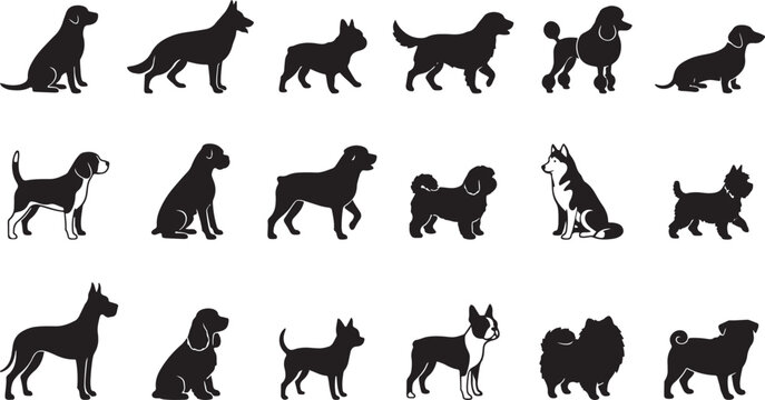 Vector set of black dog breed silhouettes and icons for pet design.