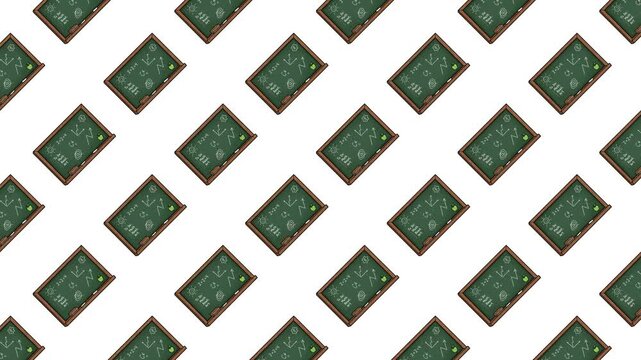 Educational seamless pattern featuring green chalkboards with fun doodles, math equations, and school icons. Vector background for back-to-school designs, stationery, and teaching materials.