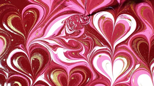 Sumpru marbling paint hearts background, red and pink liquid swirl pattern, romantic fluid art animation for Valentine's Day