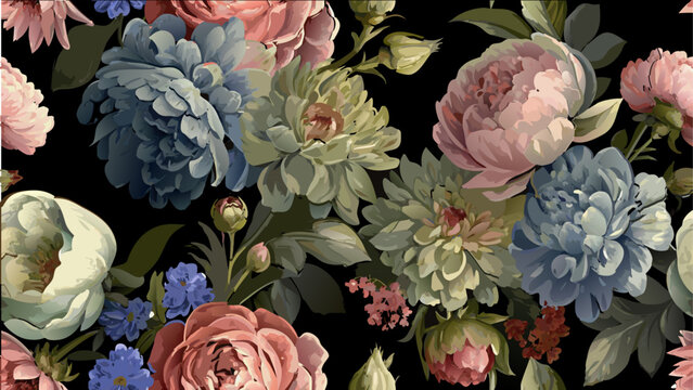 Dramatic floral vector pattern with various flowers in blue, pink, and orange on a rich black background for design, elegant fabrics, and luxurious home decor.