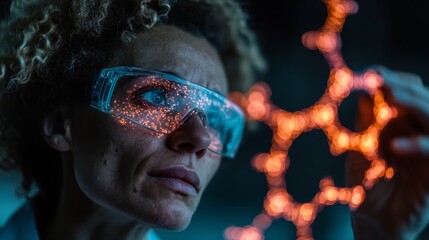 Scientist's intense focus on molecular structure, illuminated by futuristic glowing data within protective eyewear, symbolizing discovery.