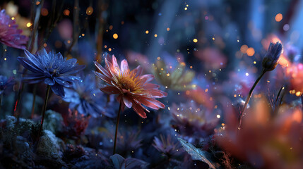 In a mesmerizing spring landscape, vibrant fantasy flowers unfurl their petals, illuminated by a gentle, enchanting glow