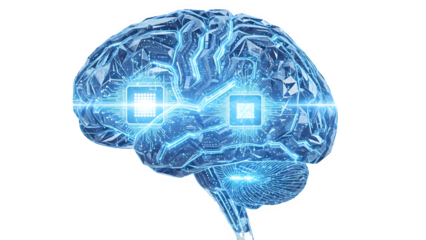 Glowing blue digital brain isolated on transparent background