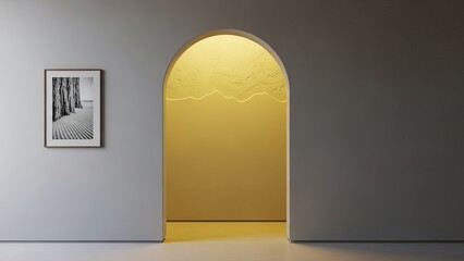 Minimalist interior architecture with arched doorway opening into warm glowing yellow lit corridor