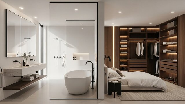 Luxury master suite featuring integrated open concept bathroom and walk in closet with wood finish
