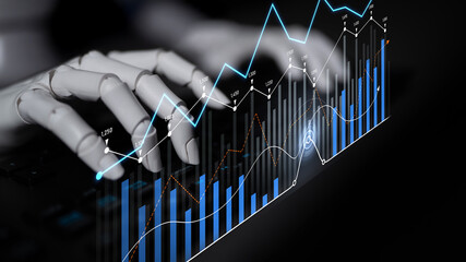A robotic hand operates on a keyboard amidst a backdrop of digital graphs and charts, symbolizing the merging of technology and finance, perfect for innovative concepts. Scalp