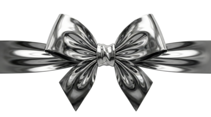 Silver metallic ribbon bow isolated. Shiny horizontal border.