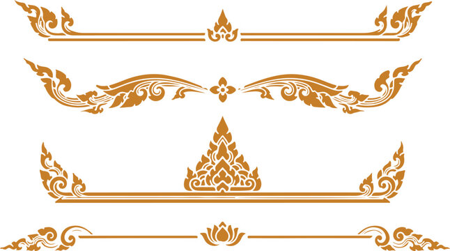 Set of luxury golden Thai borders and dividers. Traditional decorative line ornaments for page layout vector design.eps