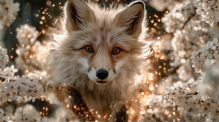 Obraz premium Beautiful fox emerging from blooming cherry blossoms in a vibrant spring landscape creates a magical fantasy scene