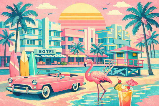 Miami collage in retro style in pastel pink, turquoise and yellow palette, featuring ocean drive art deco hotels, palm trees,  vintage car, flamingo, cocktail, surfboards and sunset,