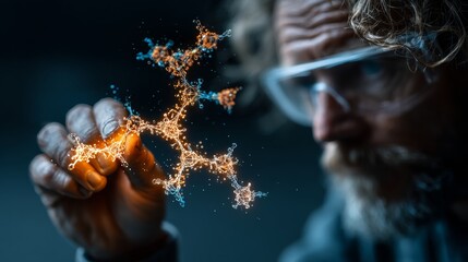 Dedicated scientist meticulously examining glowing molecular structure, exploring scientific breakthroughs with intense focus and curiosity