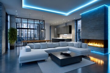 Naklejka premium Modern penthouse living room with minimalist blue neon lighting