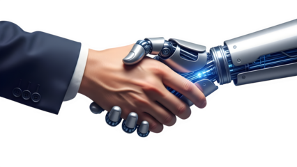 Human and robotic hand shaking isolated on transparent background