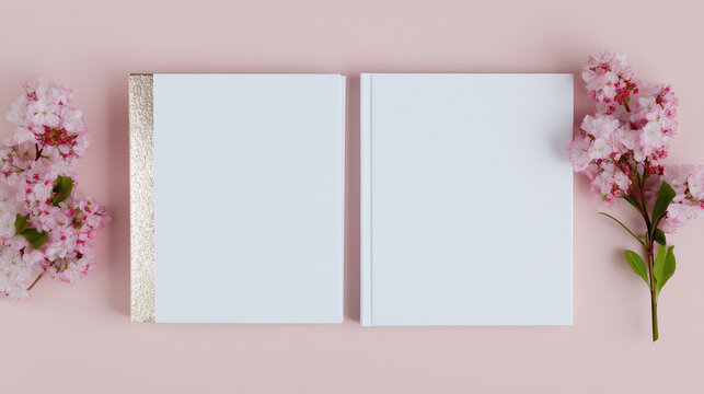 Elegant wedding card mockup featuring blank covers and floral accents surrounded by soft pastel colors, perfect for showcasing invitations or save-the-date designs - Powered by Adobe