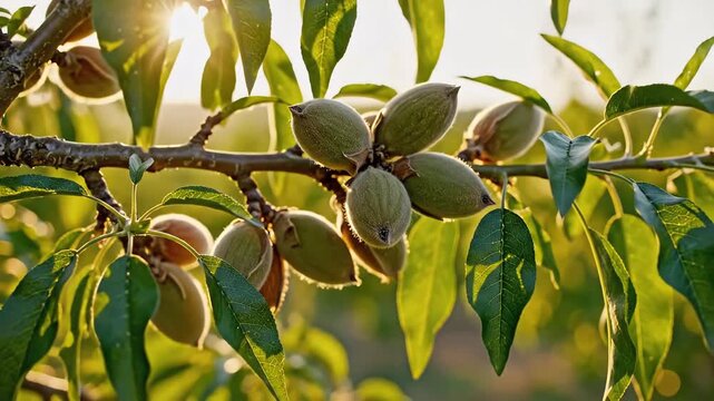 Almond Tree Branch with Unripe Almonds in Sunlight.