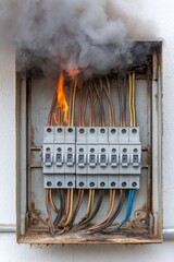 Electrical circuit breaker box burning with smoke