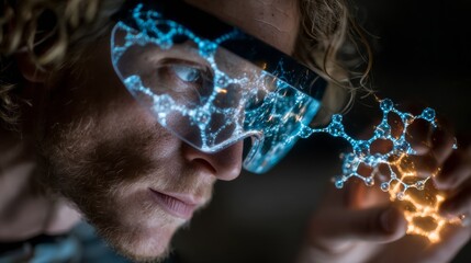 Visionary scientist interacts with glowing molecular structure through advanced augmented reality headset, exploring future science.