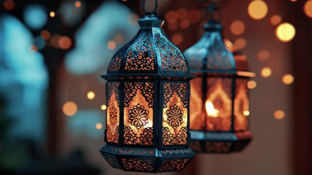 Islamic Ramadan background featuring a glowing lantern with soft light, calm night ambiance, and spiritual festive mood.