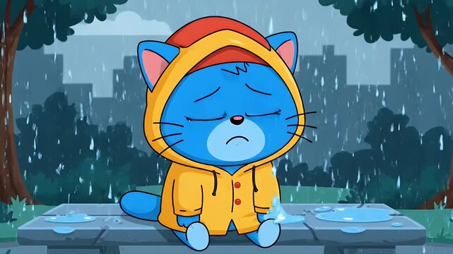 Sad cartoon cat crying in yellow raincoat during heavy rain in park