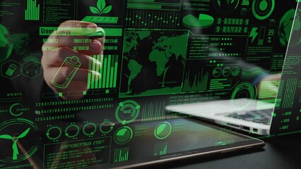 Explore a digital interface showcasing energy statistics and eco-friendly symbols. The visuals reflect the integration of technology and sustainability in modern energy solutions. Cipher