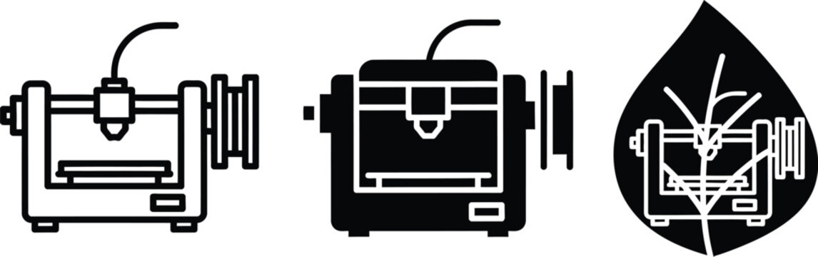 A collection of 3D printer icons in different styles and colors on a white background