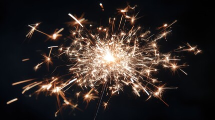 Bright sparkler exploding against dark background in night celebration.