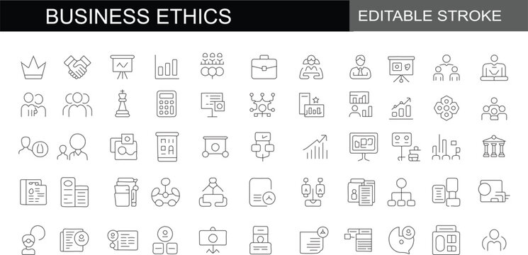 Business Ethics and Corporate Governance Line Icon Set &ndash; Professional Professionalism, Integrity, Leadership, Social Responsibility, and Company Values Symbols for Web and App UI