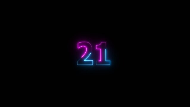 Glowing neon number 21 illustration . 21 number neon text black background illustration.