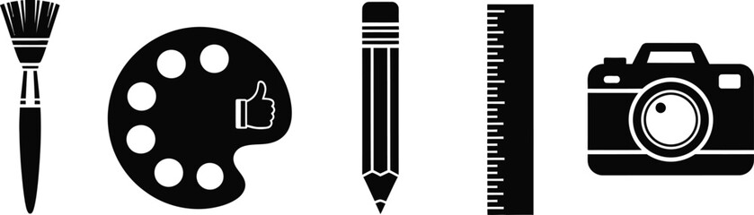 A collection of creative tools and icons for art and design on a white background