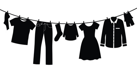 A collection of clothes hanging on a clothesline against a white background