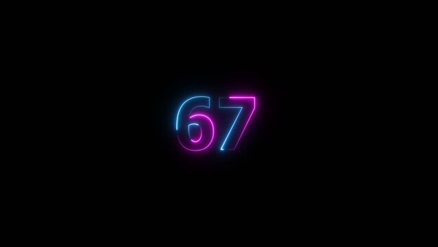 Glowing neon number 67 illustration . 67 number neon text black background illustration.