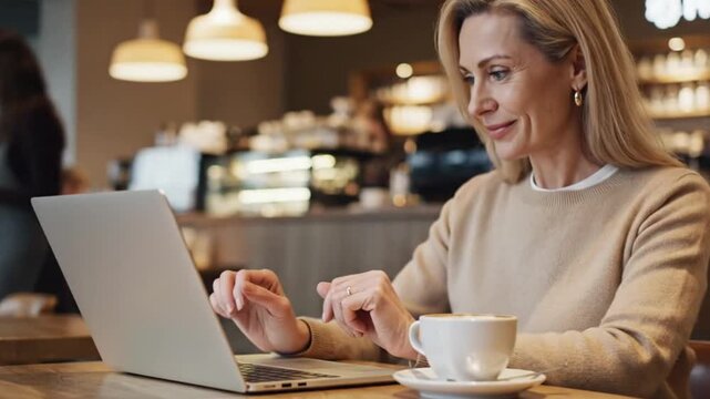 Person Using Laptop at Caf&eacute; Representing Modern Remote Work Lifestyle 4K