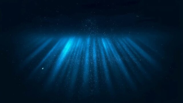Ethereal underwater light rays illuminating particles in deep blue ocean. Captivating visuals for aquatic themes and serene backgrounds
