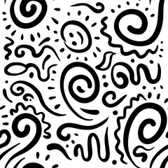 Naklejka premium Modern black and white seamless pattern with abstract swirls, suns, and squiggles. Versatile design for trendy apparel, minimal branding, and contemporary home decor