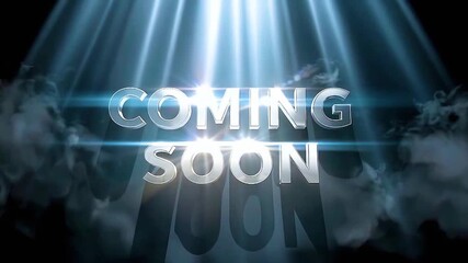 Coming Soon metallic glowing text animation with dramatic spotlight beams, smoky mysterious atmosphere and cinematic dark background
