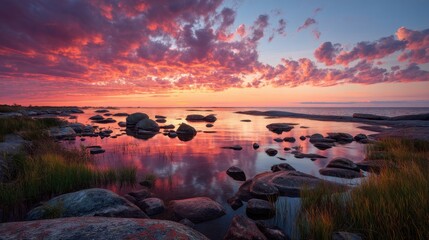 Vibrant sunset over rocky seashore with dramatic clouds and reflections.