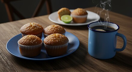Sesame seed muffins on blue plate with steaming coffee cup on wooden table