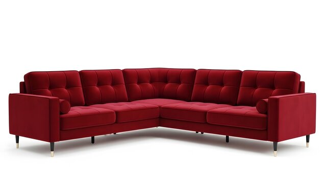Modern large red velvet sectional corner sofa with gold-tipped legs isolated on white