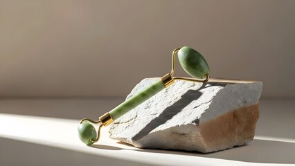 Face Massage Roller on Natural Stone for Skincare Routine Isolated on Clean Background for Spa and Wellness Concept
