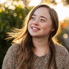 Young woman with Down syndrome smiles while looking off to the side outdoors. Sunlight shines through her hair in a green garden during afternoon