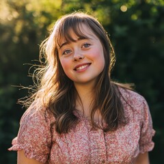 A young woman with Down syndrome smiles warmly while standing outside during the late afternoon. Sunlight shines through the trees behind her