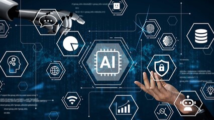 Futuristic robotic hand interacting with artificial intelligence icons, technology concepts, data analysis, cybersecurity elements, and digital communication patterns Gluon.