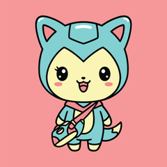 Cute cartoon character with blue and pink outfit and cat ears on pink background